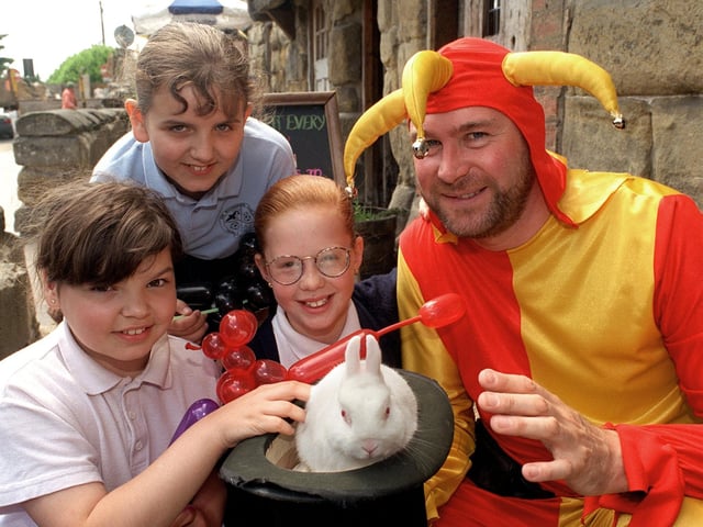 With help from Pontefract Museum, a historical treasure hunt was organised in June 1996 by The Counting House pub in historic Swales Yard which dates back to 1354, for the benefit of children from three local schools. On hand to entertain the royalty and children was jester, Martin Duffy seen here with, from left, with Sarah Rudge, from St Giles C of E Junior and Infants, Lucy Jackson from the Rookeries Junior and Infants and Emily Barrett from Halfpenny Lane Junior and Infants.
