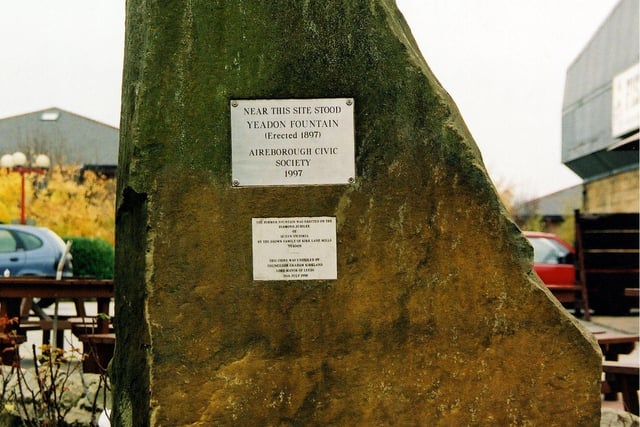 This stone marks the site of Yeadon Fountain and was put up in 1977 by Aireborough Civic Society and unveiled by Councillor Graham Kirkland, Lord Mayor of Leeds. Photographs exist of the bronze and marble fountain with iron drinking cup which was made to commemorate Queen Victoria's Diamond Jubilee. The Brown family of Kirk Lane Mills provided 300 trees to line this stretch of the Dudley Hill - Killinghall main road which was renamed Victoria Avenue. The opening ceremony took place in 1898 and included a lunch in the Town Hall with a celebration concert and dance in the evening.
