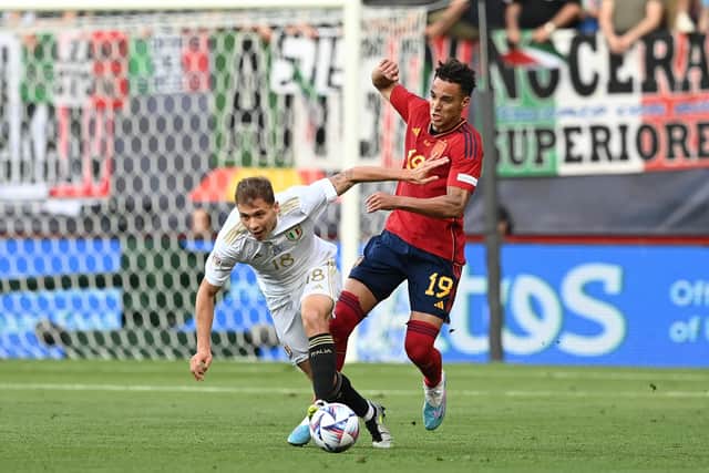 INTERNATIONAL RETURN: Leeds United striker Rodrigo battles with Italy's Nicolo Barella for Spain in Thursday night's Nations League semi-final at FC Twente Stadium in Enschede. Photo by Claudio Villa/Getty Images.