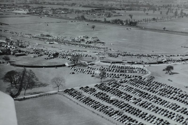 An aerial view of Wetherby Race Course in April 1953.
