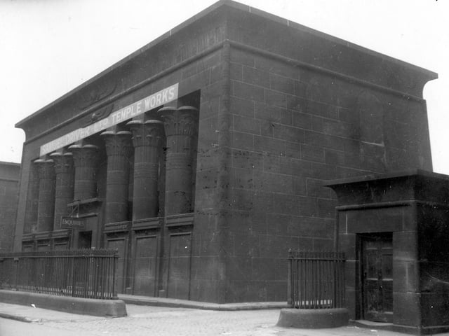 View showing front of Temple works Marshall Mills on west side of Marshall Street. Samuel Driver Ltd sign can be seen to centre of building. Pictured in September 1938.