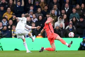 WHY NOT? Patrick Bamford's thought before unleashing his rising drive, above, that drew Leeds United level for the first time against Brighton. Photo by Stu Forster/Getty Images.