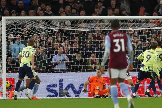 LANDMARK STRIKE: Leeds United striker Patrick Bamford, right, nets his first goal for 13 months and 100th career league strike in Friday night's 2-1 defeat at Aston Villa. 
Photo by GEOFF CADDICK/AFP via Getty Images.