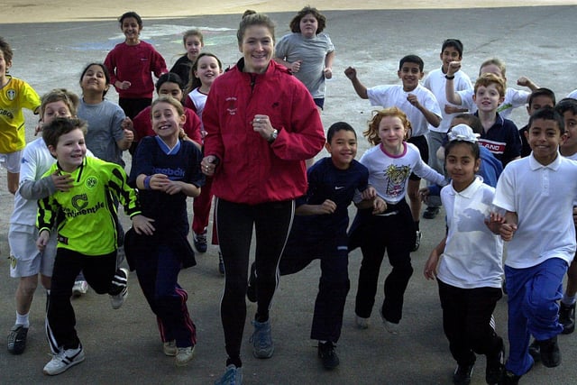 January 2003 and pupils at Chapel Allerton Primary School raised £600 for the LEPRA charity by taking part in Olympic style work out sessions at the school. Pictured are pupils with ex International athlete (800/1500m runner) Michelle Faherty.