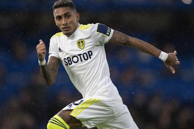 LONDON, ENGLAND - DECEMBER 11: Raphinha of Leeds United during the Premier League match between Chelsea and Leeds United at Stamford Bridge on December 11, 2021 in London, England. (Photo by Visionhaus/Getty Images)