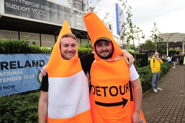 Fans dressed as traffic cones at the England v Australia Test at Headingley.