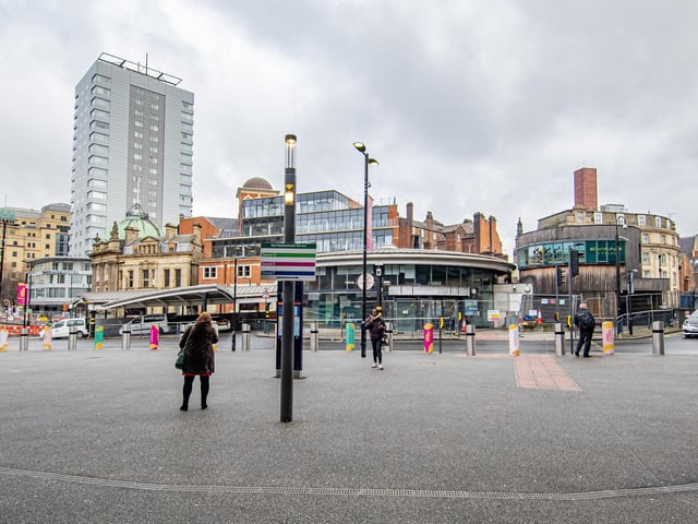 The view that greets passengers exiting Leeds City Station from the main entrance on New Station Street.