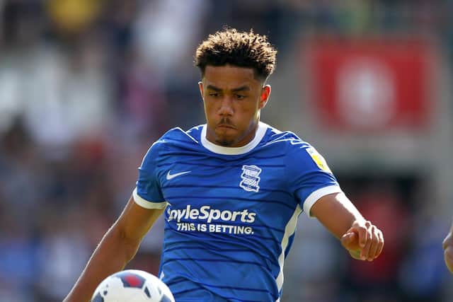 ROTHERHAM, ENGLAND - AUGUST 27: George Hall of Birmingham City (l) competes with Cohen Bramall of Rotherham United during the Sky Bet Championship between Rotherham United and Birmingham City at AESSEAL New York Stadium on August 27, 2022 in Rotherham, England. (Photo by Malcolm Couzens/Getty Images)