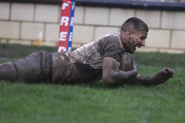 Gareth Gale touches down for the winning try - in golden-point extra-time - as Featherstone Rovers knocked Wakefield Trinity out of the Chalenge Cup. Picture by John Victor.