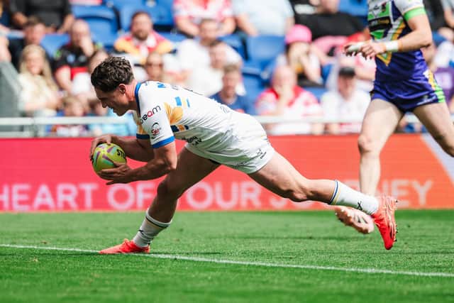Leeds Rhinos' Brodie Croft scores in the big Magic Weekend swin agianst Bradford Bulls. Picture by Alex Whitehead/SWpix.com.