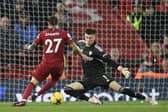 BIG SAVE: Leeds United 'keeper Illan Meslier thwarts Darwin Nunez in October's 2-1 victory against Liverpool at Anfield. Photo by OLI SCARFF/AFP via Getty Images.
