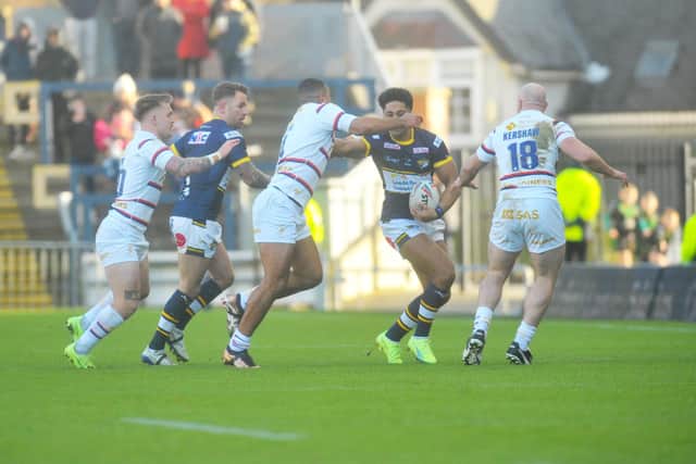Former Castleford back Derrell Olpherts made his first appearance for Rhinos in the Boxing Day game. Picture by Steve Riding.