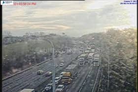 There are delays of 30 minutes following the crash on the M62 near Leeds (Photo: motorwaycameras.co.uk)
