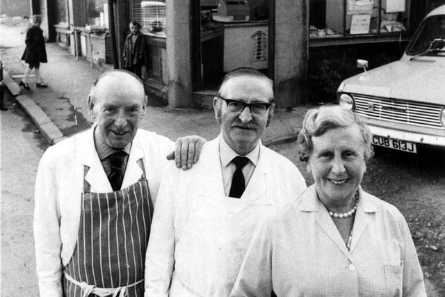 Kitty Lister and her staff on the day of her retirement from the family butcher's business in Bramley in July 1975.