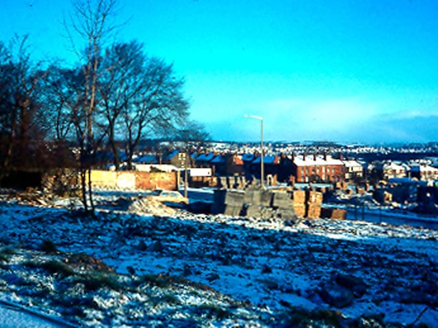 An unidentified area of Bramley in the process of being developed in April 1977. Possibly part of Town Street during its redevelopment in the 1970s.