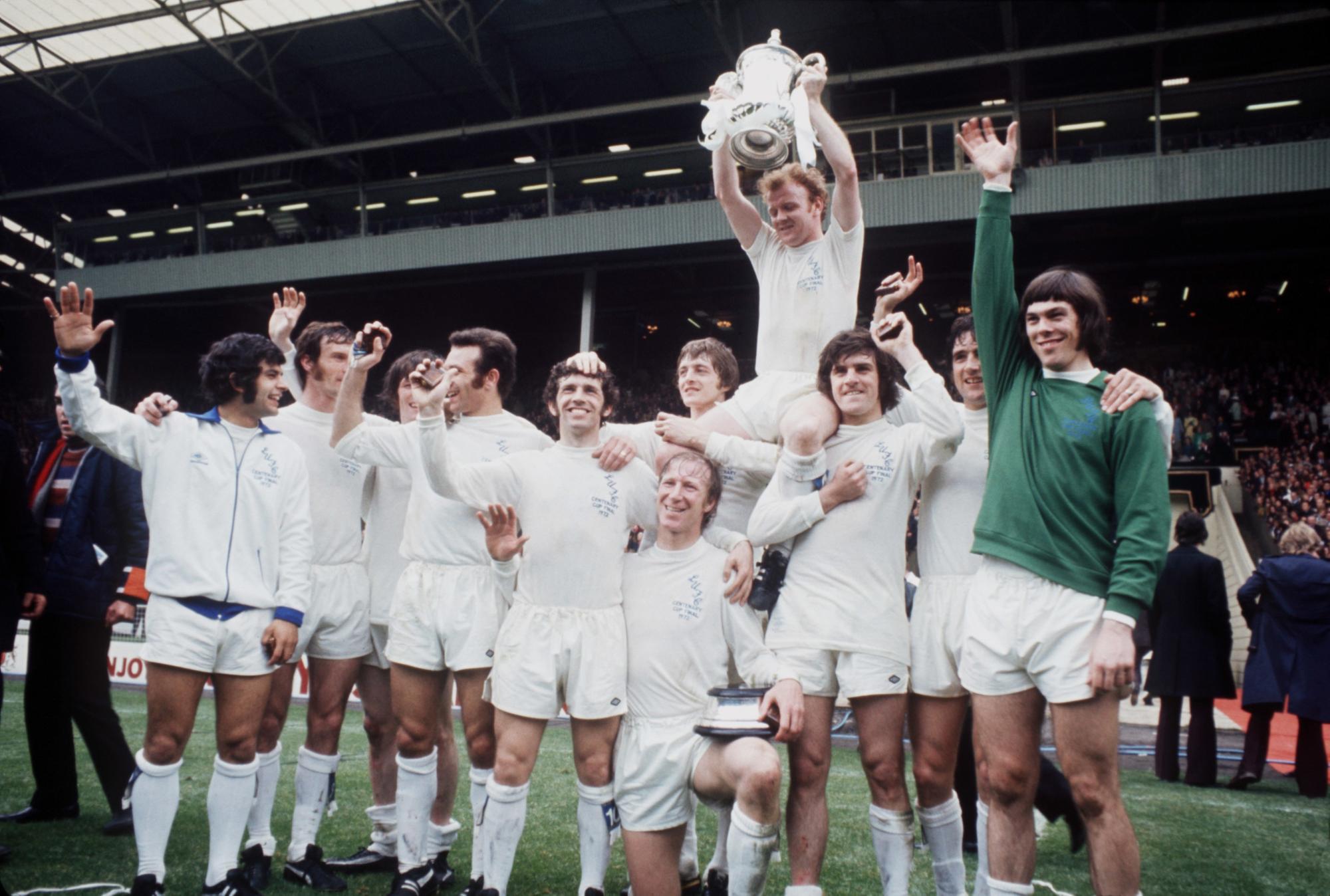 Leeds United celebrate winning the FA Cup: (left-right) Mick Bates, Paul Madeley, Eddie Gray, Paul Reaney, Johnny Giles, Jack Charlton, Allan Clarke, Billy Bremner, Peter Lorimer, Norman Hunter and David Harvey.