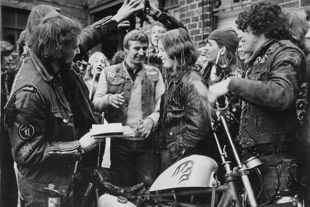 A Hells Angel's wedding was held behind the Plough Inn in January 1972. Ernie Angel, left, president of the Woodlands Chapter of the Hell's Angels married Chabbie Smith,  president of the Sheffield Chapter.