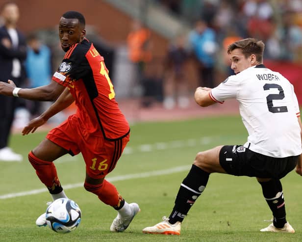 TOUGH TEST: Leeds United defender and Austrian international Max Wober, right, battles it out with midfielder Dodi Lukebakio of the world's fourth-ranked side Belgium.
Photo by KENZO TRIBOUILLARD/AFP via Getty Images.