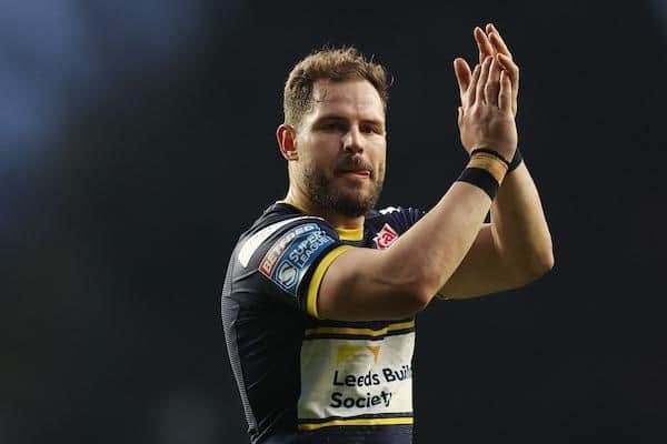 Aidan Sezer applauds Rhinos' fans after the win over Huddersfield in April. Picture by John Clifton/SWpix.com.