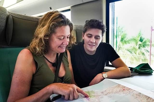 Dylan Llewellyn and mum Jackie study the map in Celebrity Race Across the World (Picture: :BBC/Studio Lambert)