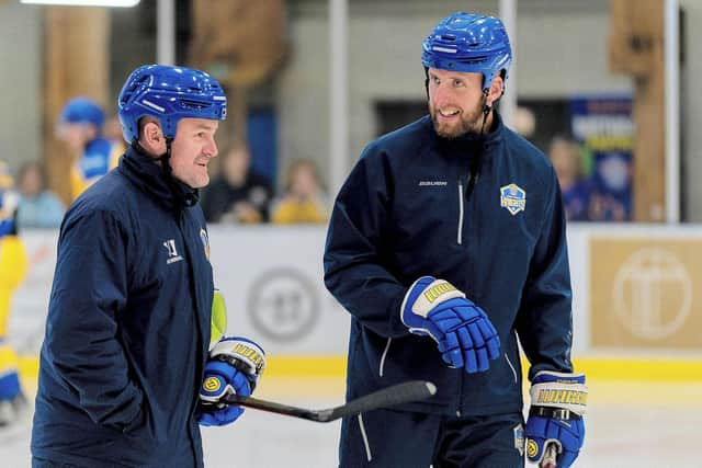 EXPERIENCE: Davey Lawrence, pictured right with Leeds Knights' head coach, Ryan Aldridge, has been appointed as goaltending development coach for north England and the Midlands by the Ice Hockey UK Foundation. Picture courtesy of Oliver Portamento.