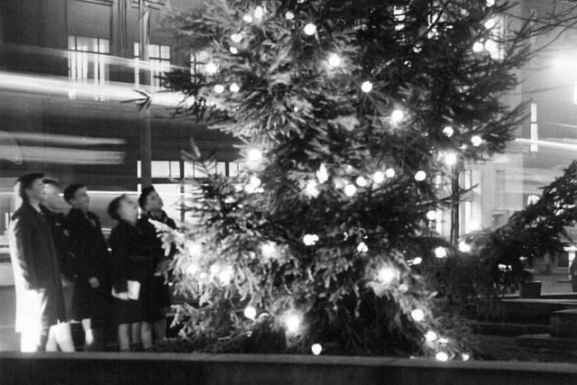 Children admire an Illuminated Christmas tree which had been placed in the Garden of Rest on The Headrow in December 1959.