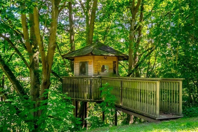 A bridge leads to this lovely little tree house in the grounds.