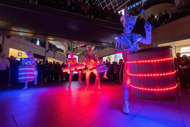 Leeds Light Night 2022 - Spark performing in Trinity Leeds. Picture: Bruce Rollinson