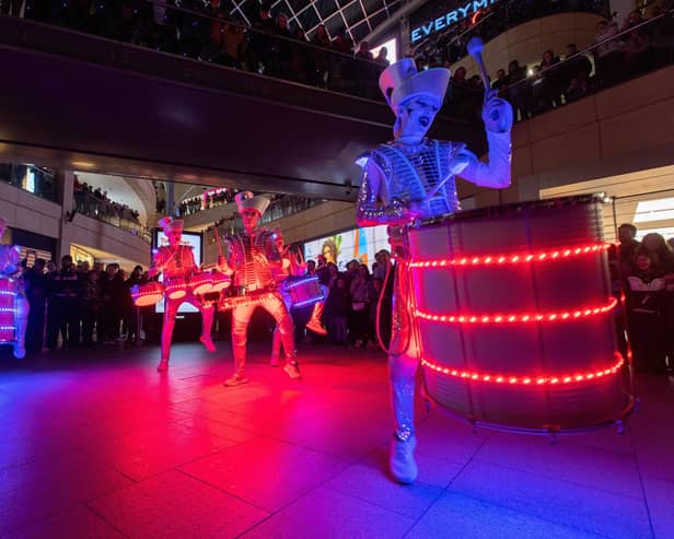 Leeds Light Night 2022 - Spark performing in Trinity Leeds. Picture: Bruce Rollinson
