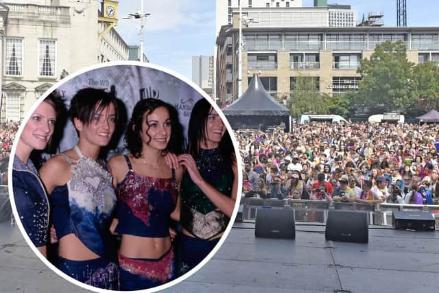 Millennium Square in Leeds, which is hosting the upcoming Popworld Festival, and, inset, B*Witched, who will feature at the concert. Pictures: Nationalworld/Getty Images.