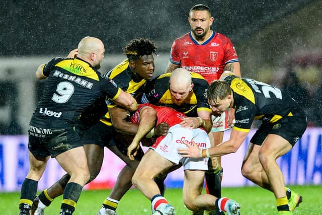 Ex-Leeds players Paul McShane, Justin Sangare, Jordan Thompson and Oli FIeld put in some big defence for York Knights aganst Hull KR, as another former Rhinos man, Elliot Mincherlla, looks on. Picture by Allan McKenzie/SWpix.com.