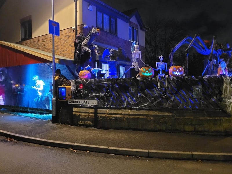 Wow look at all those decorations! Skeletons, giant spiders and pumpkins. Shared by Sammie Jo.