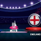 India vs england test match with flag shield on stadium background.