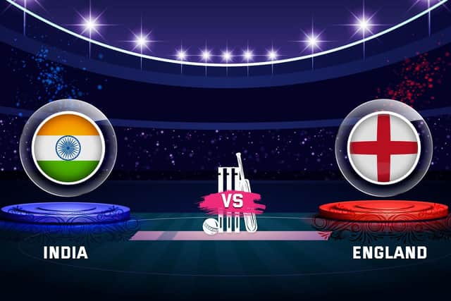 India vs england test match with flag shield on stadium background.