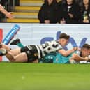 Iain Thornley scores for Wigan at Hull FC in May. Picture by John Clifton/SWpix.com.
