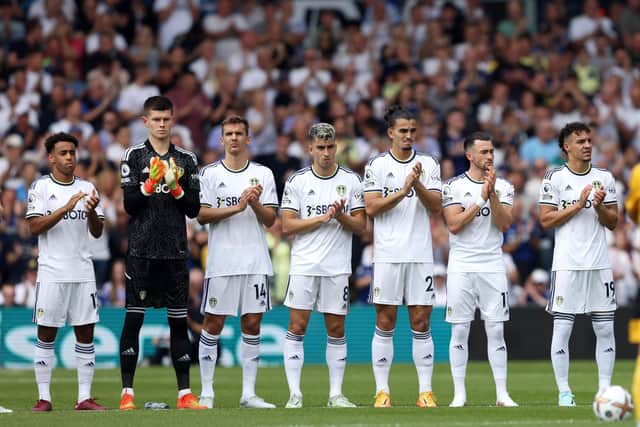 Leeds United players line up ahead of their first match of the 2022/23 Premier League season (Photo by Marc Atkins/Getty Images)