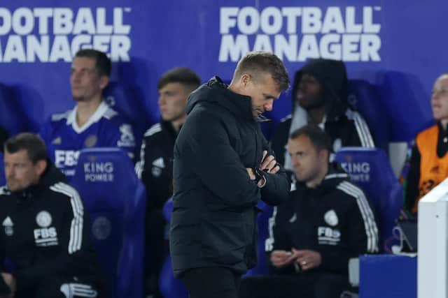 LEICESTER, ENGLAND - OCTOBER 20: Jesse Marsch, Manager of Leeds United, looks on during the Premier League match between Leicester City and Leeds United at The King Power Stadium on October 20, 2022 in Leicester, England. (Photo by Eddie Keogh/Getty Images)