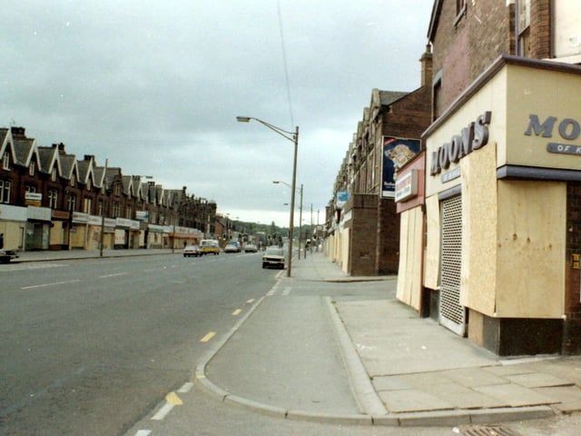 Shops seen here on Roundhay Road include Moons fancy goodson the right, with Lambton View in the foreground and Lambton Grove behind.
