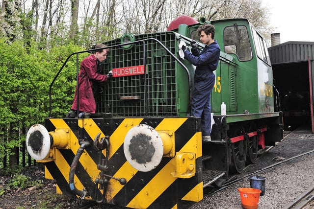 Middleton Railway Youth Group members Oliver Brookes and Peter Hirst spring clean a passenger diesel locomotive for the season ahead. (pic by Steve Riding)