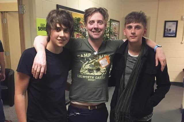 The Sherlocks' Brandon (left) and Kiaran (right) with Kaiser Chiefs' Ricky Wilson