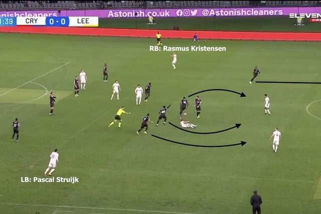 Leeds' full-backs are situated in front of the ball as Jack Harrison is robbed of possession. More importantly, four Palace players are positioned in central areas, ready to converge on Leeds' two defensive midfielders and two central defenders creating a 4-on-4 scenario. The develops 60 yards away and ends with Odsonne Edouard scuffing his bicycle kick inside the six-yard box. (Pic: InStat)