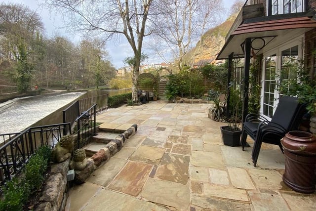 A large patio with lovely views across the River Nidd.