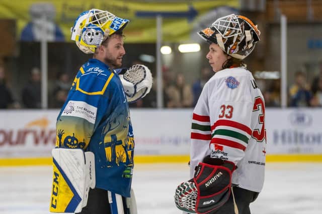 GOING STRONG: Leeds Knights' netminder Sam Gospel is impressed with the young defencemen learning their trade at NIHL National in front of him. Picture courtesy of Oliver Portamento.