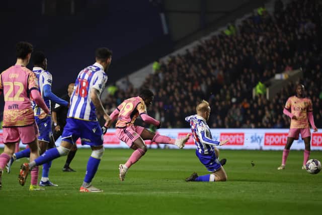 'WONDERFUL': Willy Gnonto, centre, with his Leeds United strike in victory at Championship hosts Sheffield Wednesday. Photo by Ed Sykes/Getty Images.