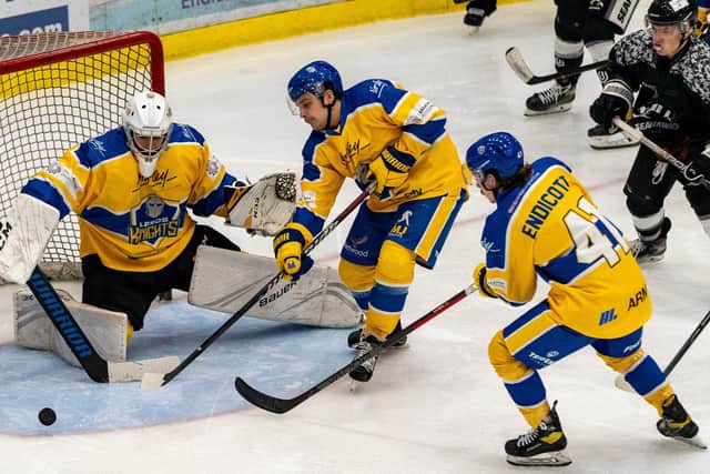 BACK FOR MORE: Young defenceman Dylan Hehir proved a big hit for Leeds Knights during the 2022-23 NIHL National season. Picture courtesy of Oliver Portamento
