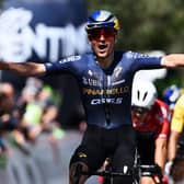 Emotional win: Tom Pidcock of Great Britain and Team Pinarello Q36.5 Pro Cycling celebrates at the finish line as stage winner during the 48th Tour of the Alps 2026, Stage 3 a 174.5km stage from Latsch-Laces to Arco on April 22, 2026 (Picture: Tim de Waele/Getty Images)