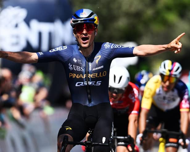 Emotional win: Tom Pidcock of Great Britain and Team Pinarello Q36.5 Pro Cycling celebrates at the finish line as stage winner during the 48th Tour of the Alps 2026, Stage 3 a 174.5km stage from Latsch-Laces to Arco on April 22, 2026 (Picture: Tim de Waele/Getty Images)