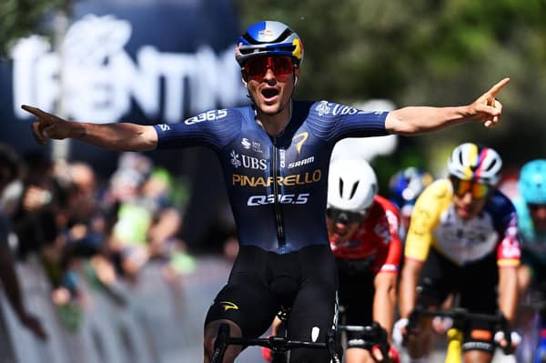 Emotional win: Tom Pidcock of Great Britain and Team Pinarello Q36.5 Pro Cycling celebrates at the finish line as stage winner during the 48th Tour of the Alps 2026, Stage 3 a 174.5km stage from Latsch-Laces to Arco on April 22, 2026 (Picture: Tim de Waele/Getty Images)