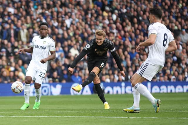 BIG COMPLIMENT: From Arsenal captain Martin Odegaard, centre, pictured firing in a shot during October's dramatic clash against Leeds United at Elland Road.
Photo by Eddie Keogh/Getty Images.