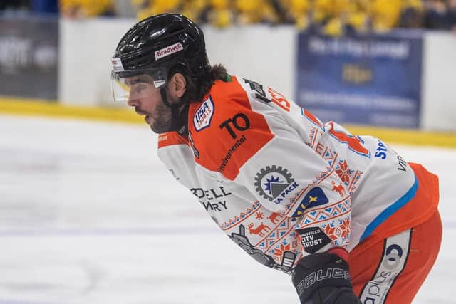 FAMILIAR FACE: Matt Bissonnette, pictured playing for Sheffield Steeldogs against Leeds Knights last season, has made the move to West Yorkshire and Elland Road Ice Arena for the 2024-25 season. Picture: Tony Johnson.
